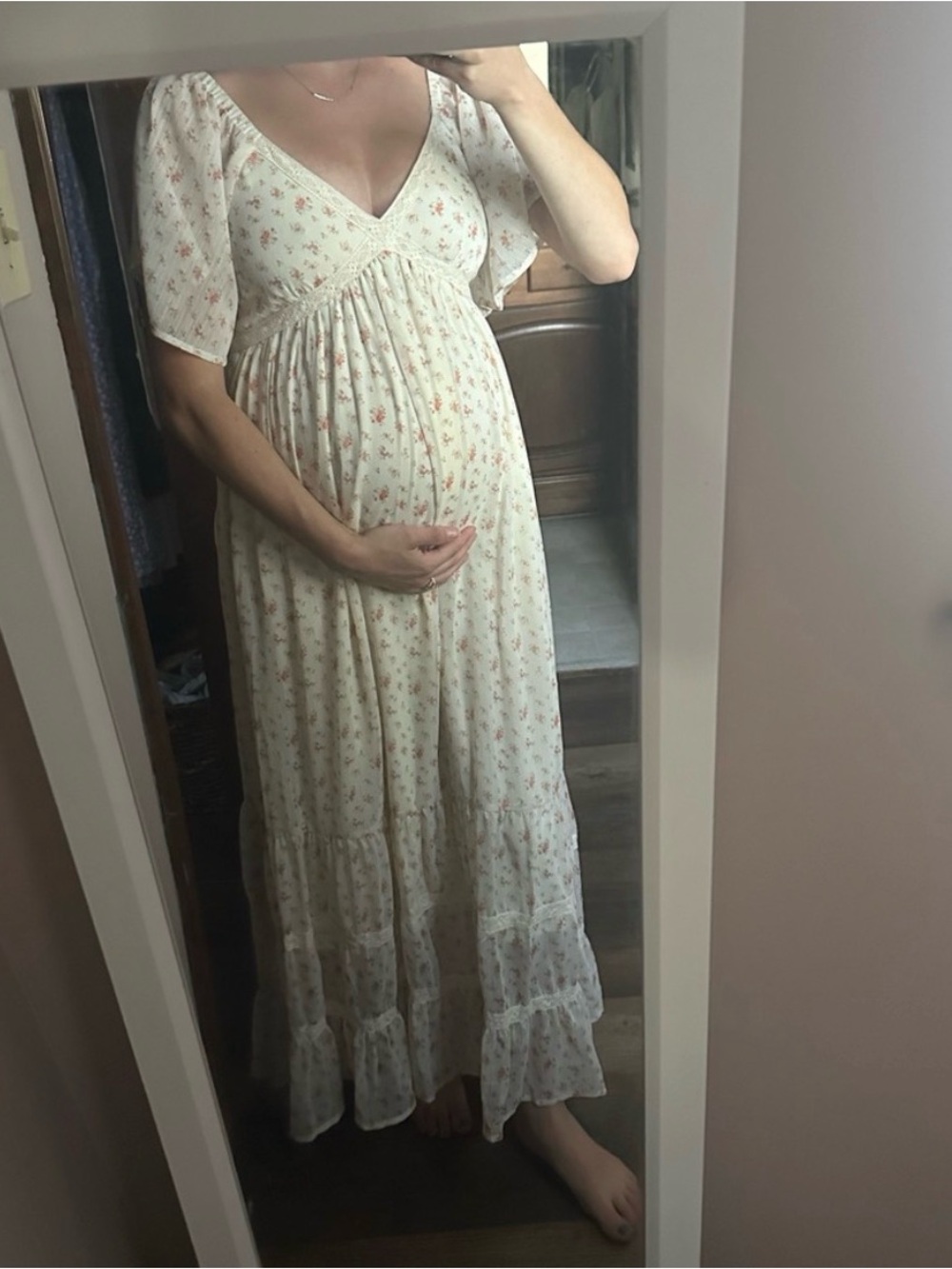 Women's Cream Floral Maxi Dress - V-Neck, Short Sleeve